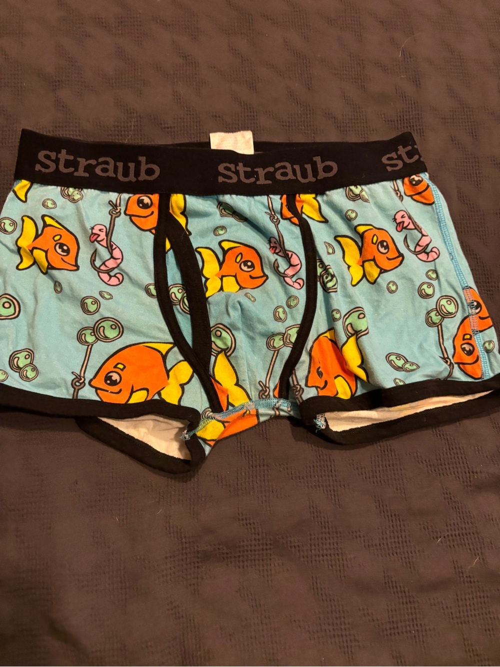 Christopher Staub Men’s rare Light Blue Swim Trunks with Orange Fish Print